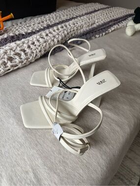 Zara Cream Square-Toe Strappy Heeled Sandals